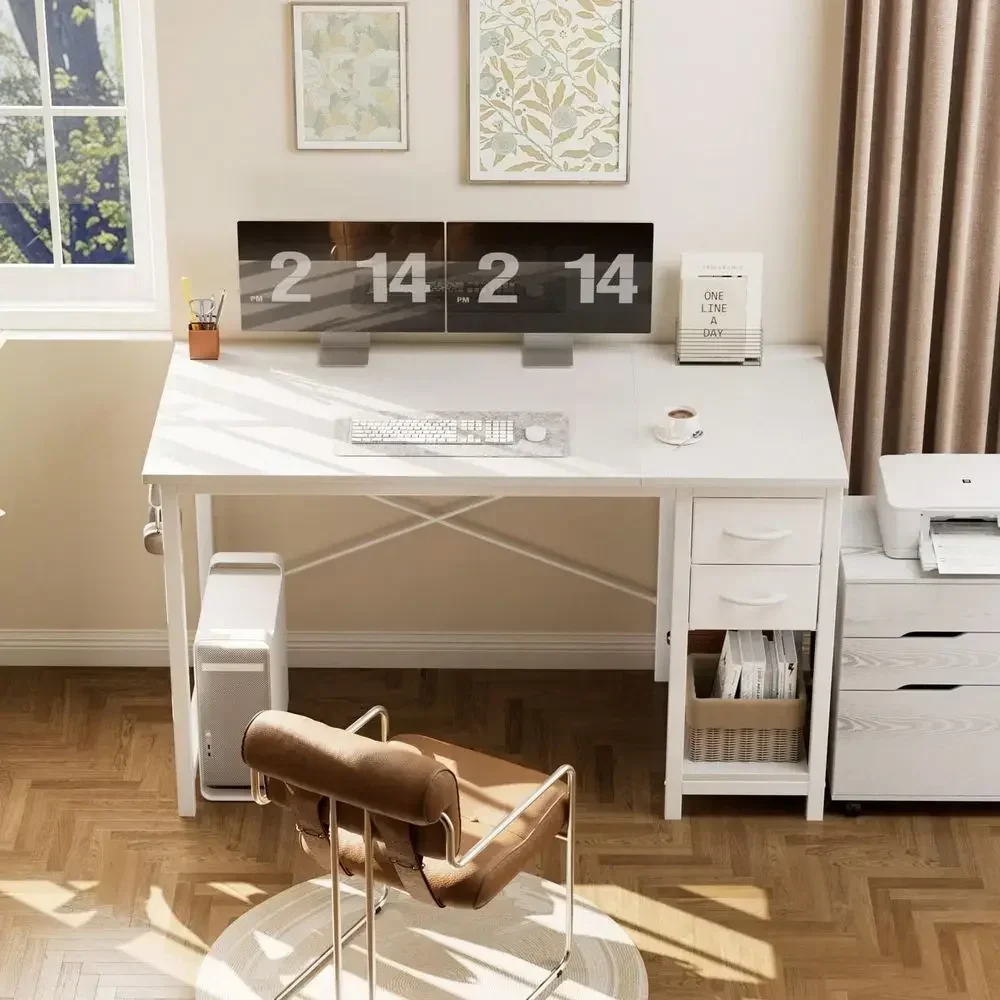 Desk 40 Inch White Modern Writing Desk With Drawers Side Hook Storage, Simple Compact Office Desk For Bedroom Home Office
