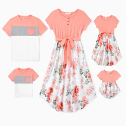 PatPat Family Matching Sets Pinkish Orange Cap-sleeve Spliced Floral Dresses and Short-sleeve Color Block T-shirts