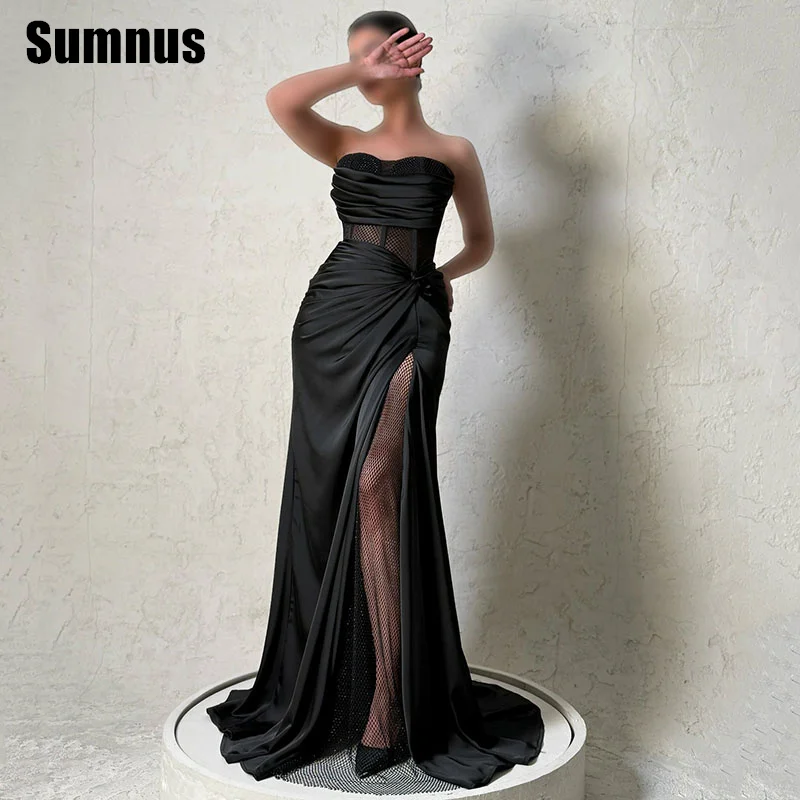 

Sumnus Sexy Mermaid Prom Gowns Black Strapless Illusion Side Slit Floor Length Party Dresses فساتين سهرة Customized