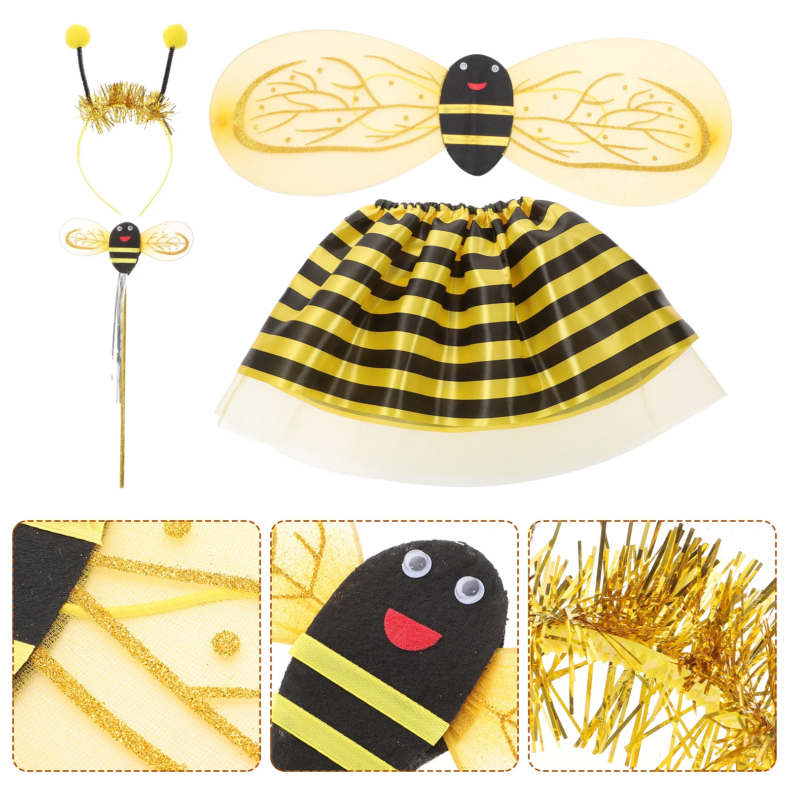 4Pcs Kids Honey Bee Costume Set Wings Headband Dress Wand for Children Boys Girls Play Time Bee Costume for Kids