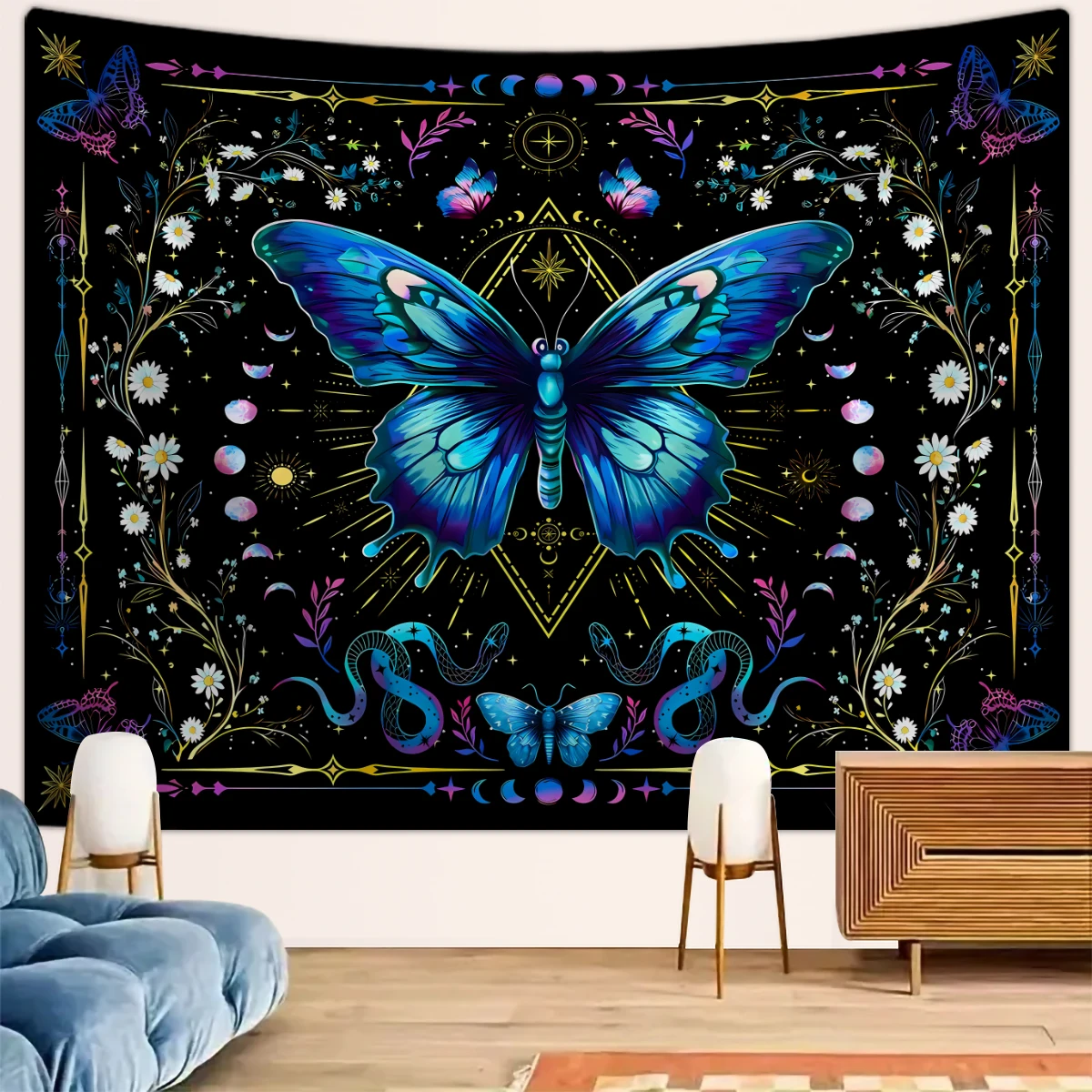 1 Stück blauer Schmetterlings-Wandteppich, böhmischer Blumen-Wandteppich, Pflanzen-Wandteppich, Mondphase-Sternenhimmel-Wandteppich, schöner Wandteppich