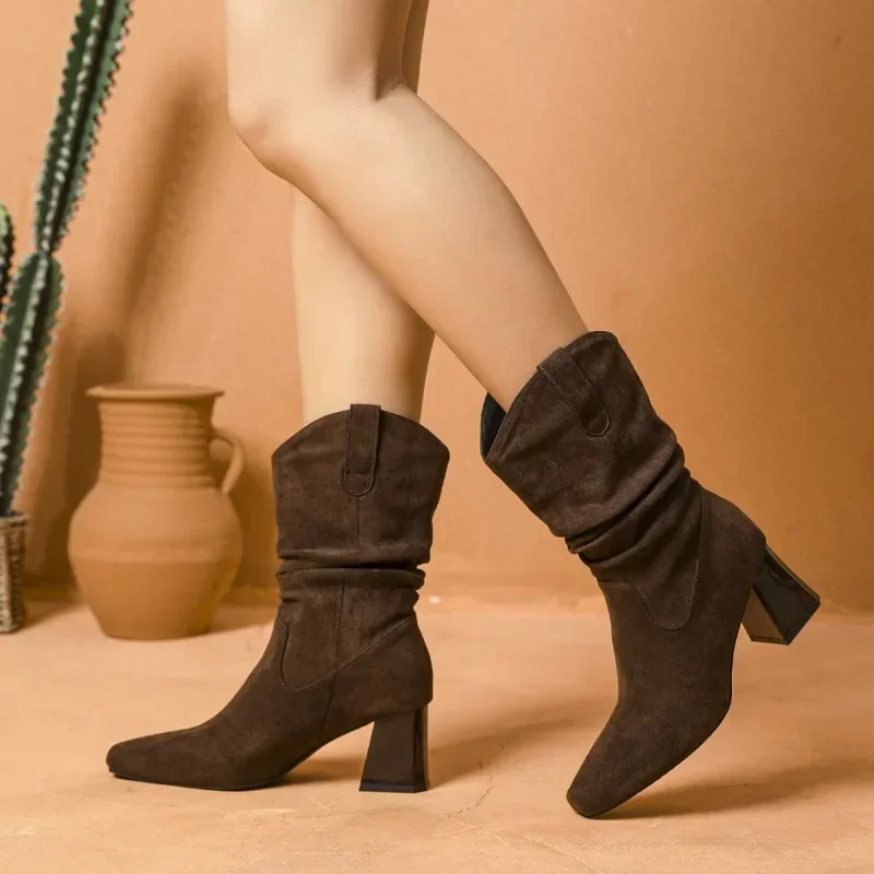 Thin pile boots for women 2025 autumn and winter hot new thick heel mid-leg high heel square head trend personality slim boots