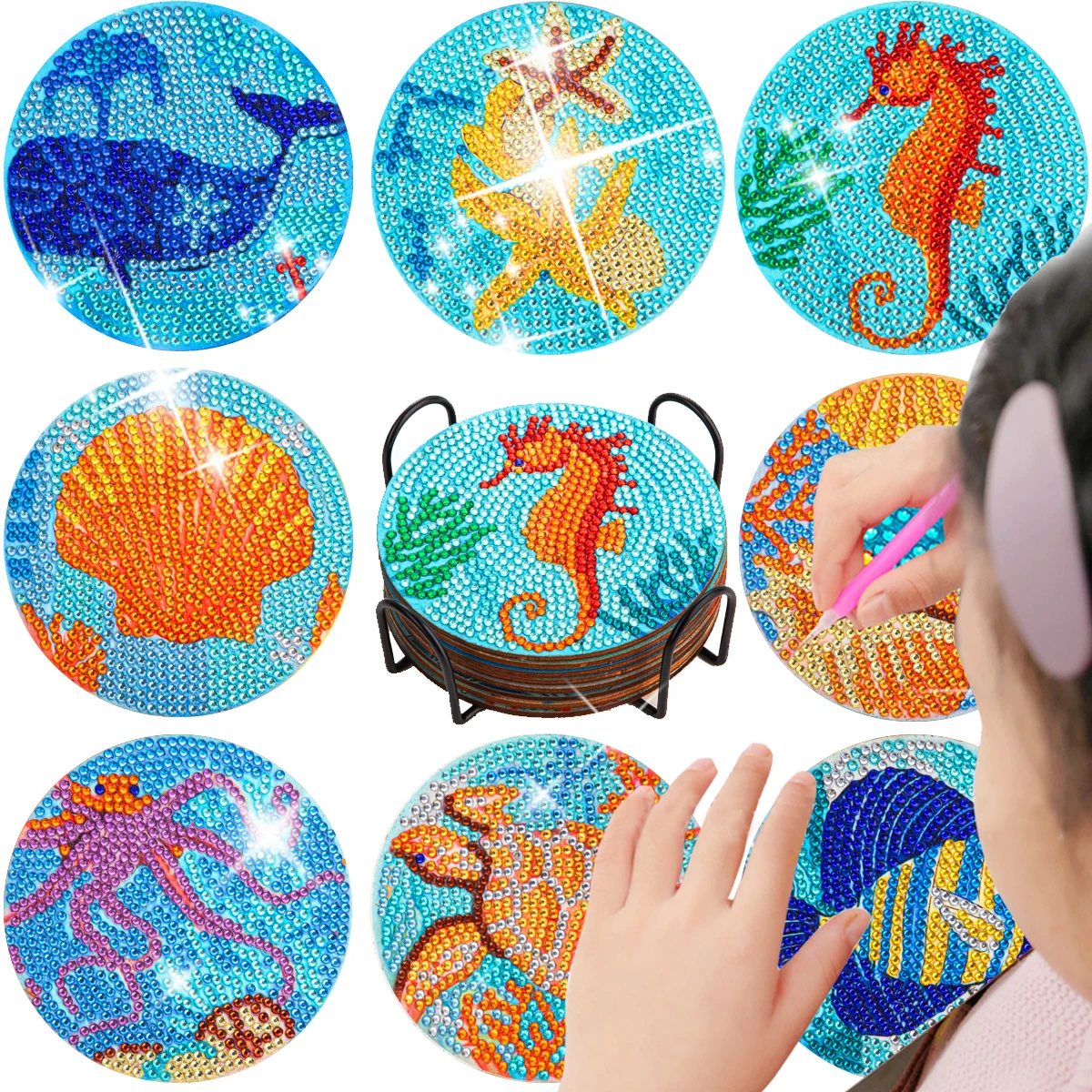 8-piece Set of DIY Diamond Painted Coasters with Animal Pattern and Complimentary Cup Holder