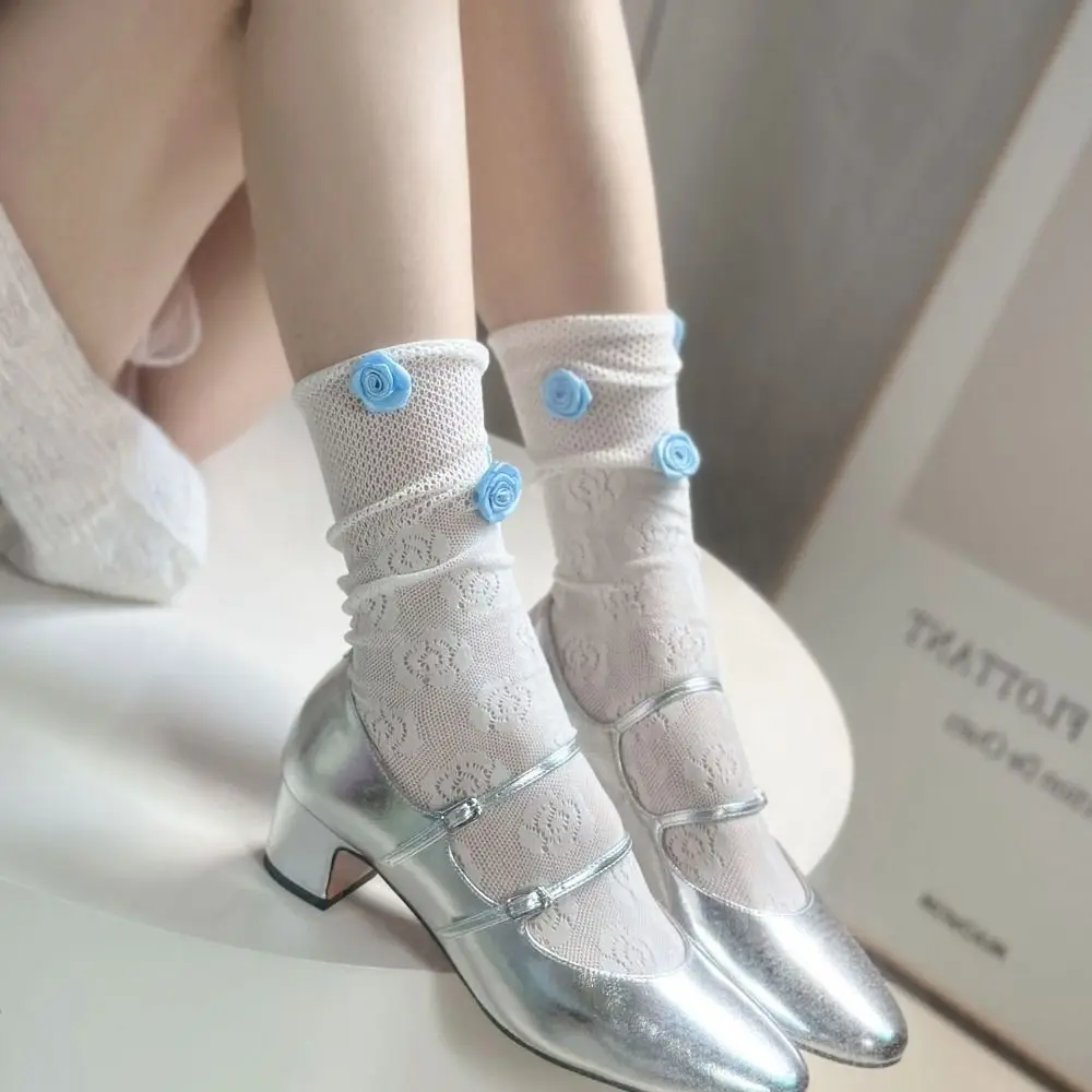 Fashion Multicolor Rose Mesh Socks Flowers Pattern Balletcore Mid-calf Stocking Breathable Sweet Women Socks Spring Summer