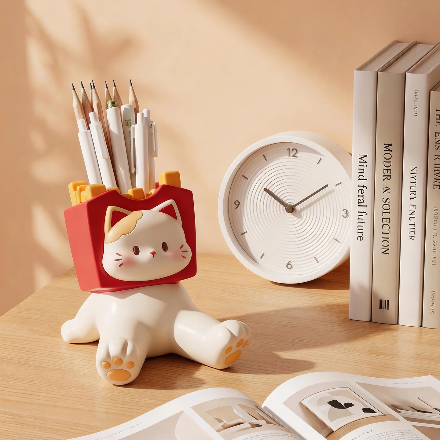 Fries Box Cat Pen Holder, Dual-use Desktop Stationery Organizer, Cute Phone Stand, Tabletop Decor Ornament for Home Office