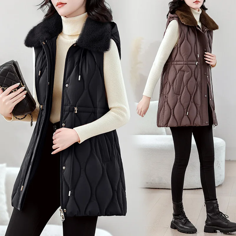 Women Mid Long Puffer Vest Autumn Winter Sleeveless Jacket New Fur Collar Hooded Down Cotton Vest Female Waistcoat Chaleco Mujer