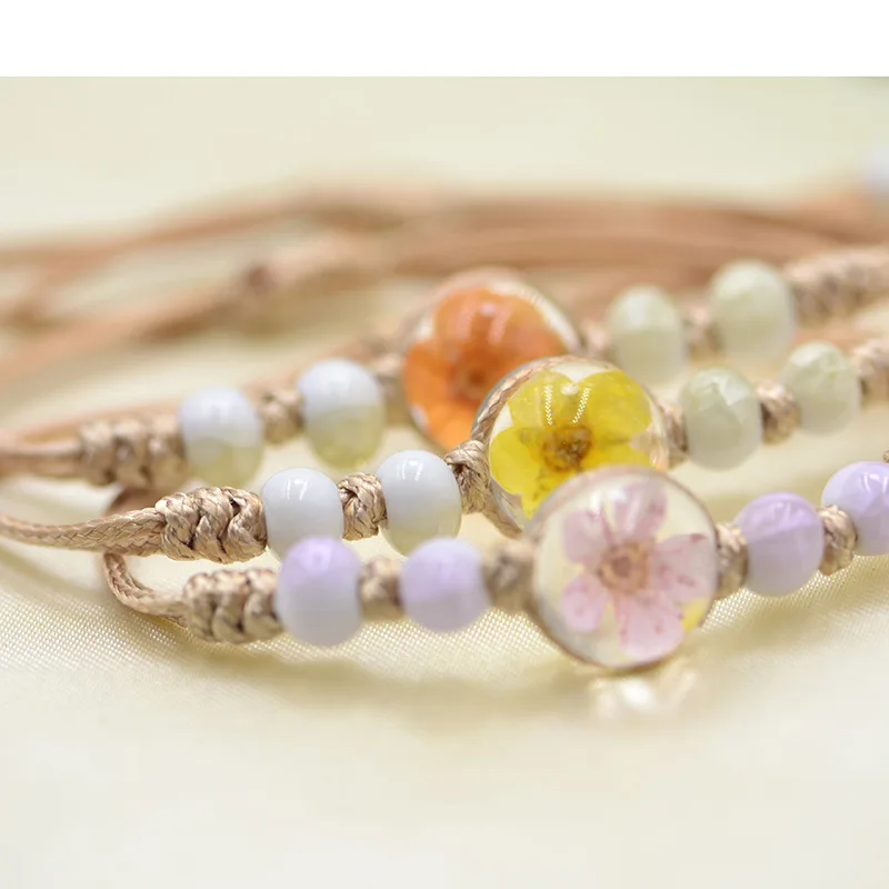 Glass Ball Dry Flower Bracelet Handmade Dry Pressed Flower Cherry Blossom Glass Cover Charms Adjustable Rope Strand Bangle