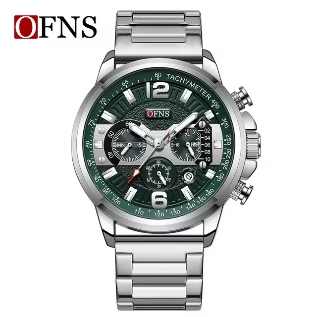 OFNS 1304 Men's Quartz Watch Fluorescent Cool Fashion Calendar Bar Nail Scale Stainless Steel Strap Wristwatch