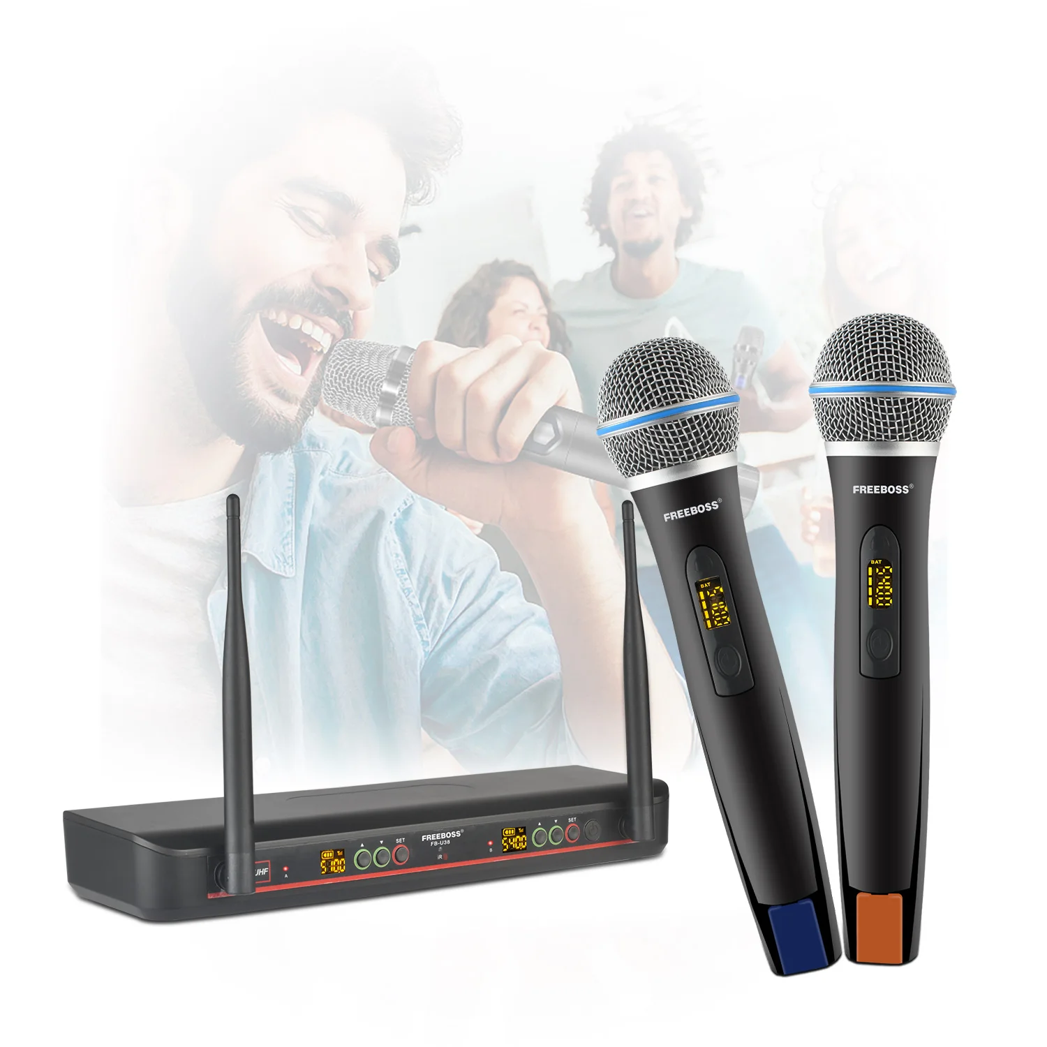 FREEBOSS UHF Wireless Dynamic Handheld Microphone 2*100 Channel Adjustable Frequency Auto Scan Cordless Mic for Karaoke FB-U38