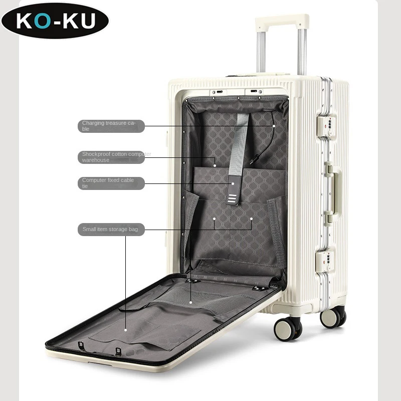 KO-KU Front Opening Suitcase 24 Inch Aluminium Frame Large Capacity USB Charging With Cup Holder Trolley Case 20\'\' Boarding Box