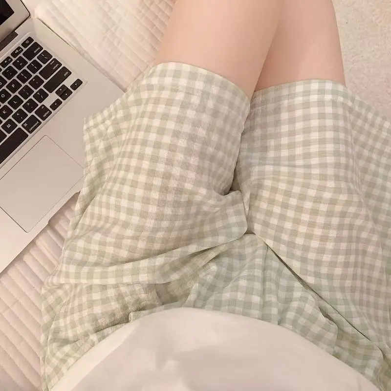 Summer Plaid Sleep Pants Men Women Bubble Cotton Loose Thin Home Pants Casual Breathable Comfortable Short Shorts Outdoor Wear