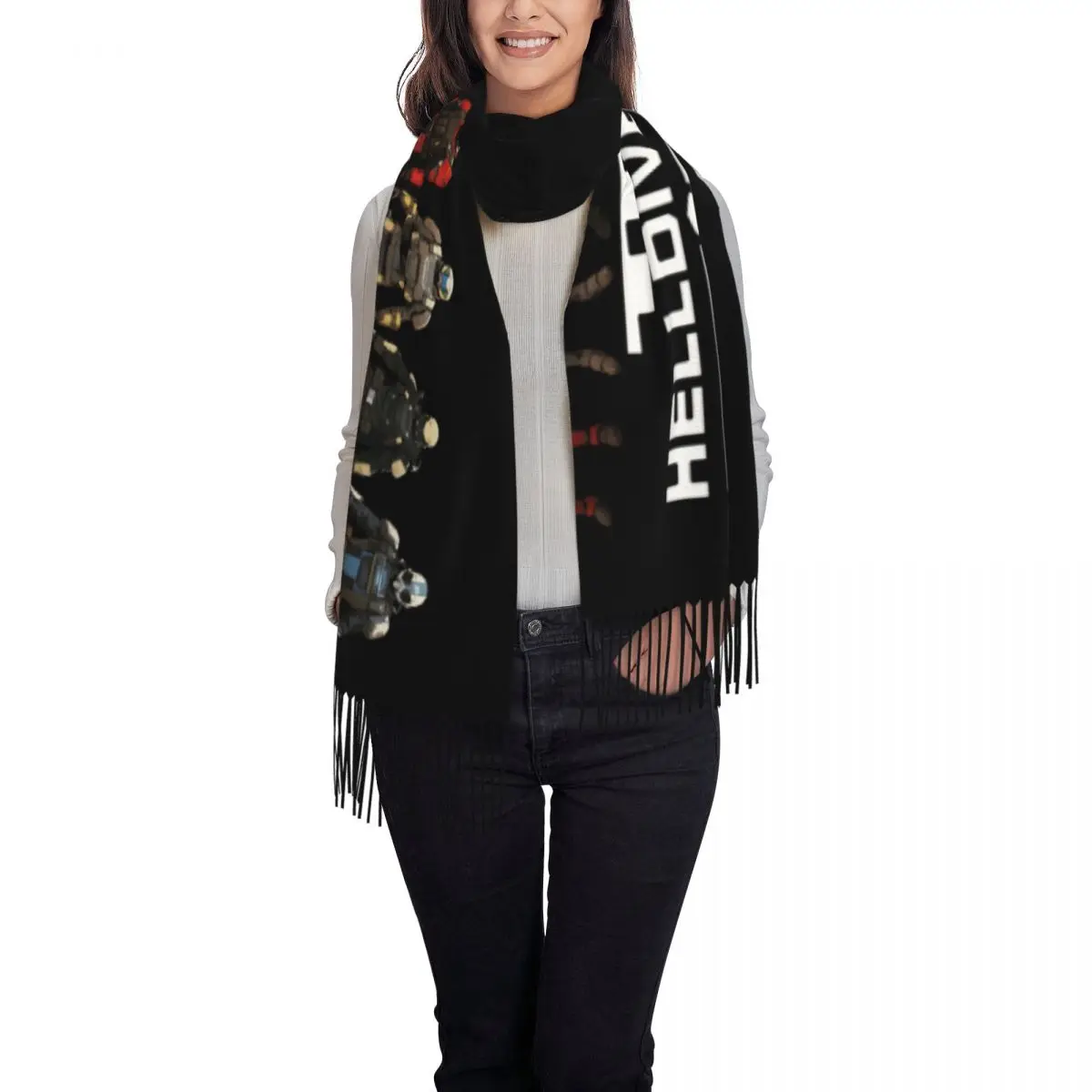 Custom Hot Game Helldivers Tassel Scarf Women Winter Warm Shawls Wraps Lady Scarves