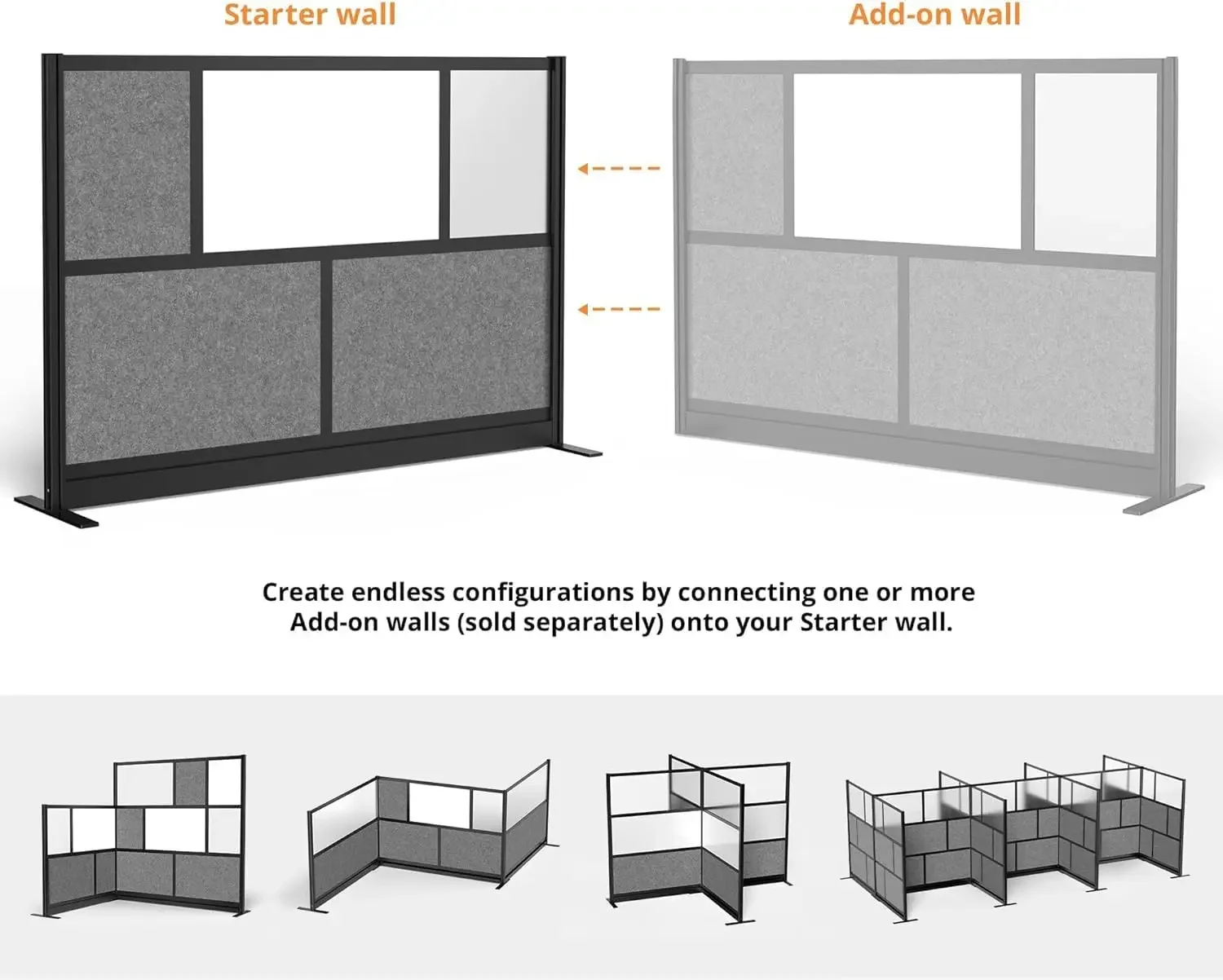 Expandable Partition Room Divider with Rearrangeable Frosted Acrylic, Sound Absorbent and Whiteboard Panels (Black Frame)