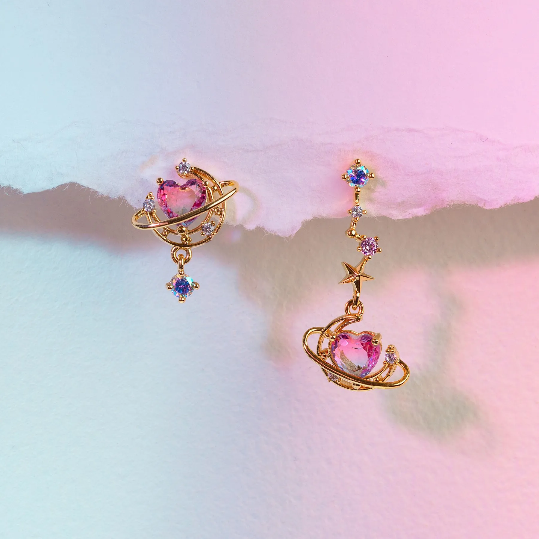 Exquisitos Pendientes de Moda Dulces y Modernos con Corazón de Luna de Circonio Rosa para Mujeres y Niñas