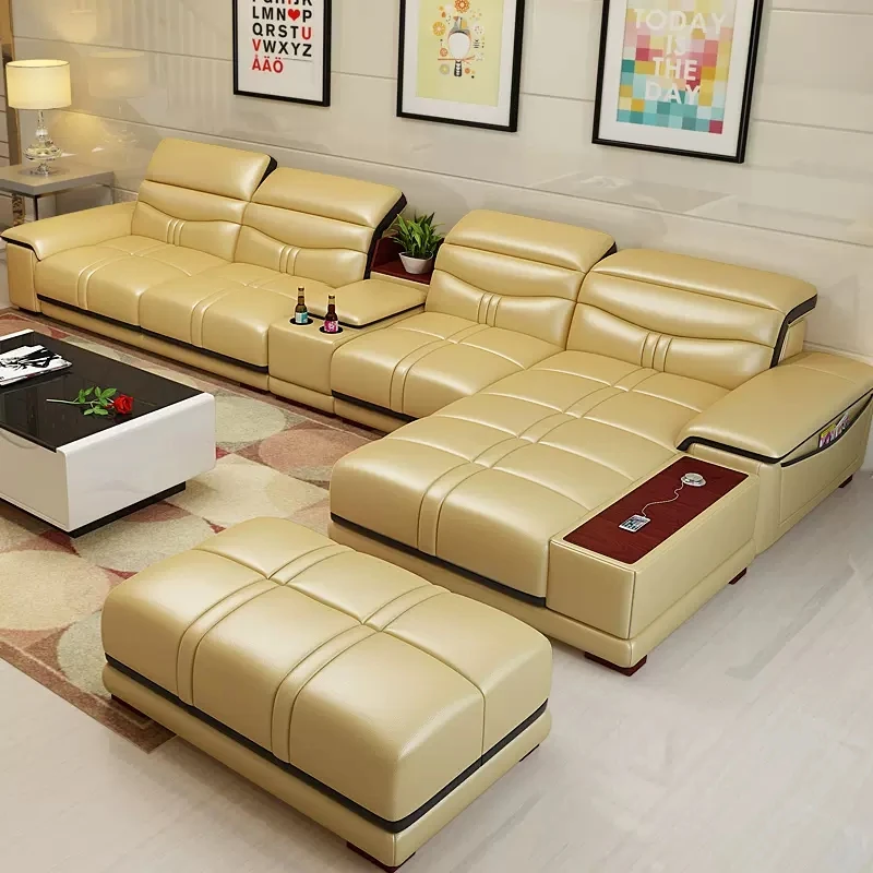 Upgrade Your Home with MANBAS Genuine Leather Sofa - Cup Holder, Storage, Adjustable Headrests & USB Charging - Italian Design