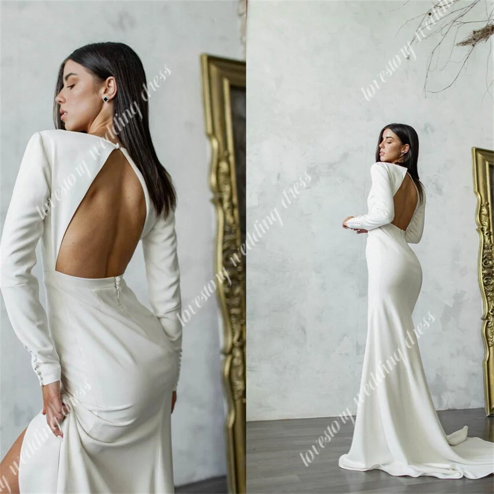 Sexy High Slit Backless Wedding Dresses Long Sleeves Mermaid Bride Robes Mermaid Bridal Gown With Train Vestidos De Noiva