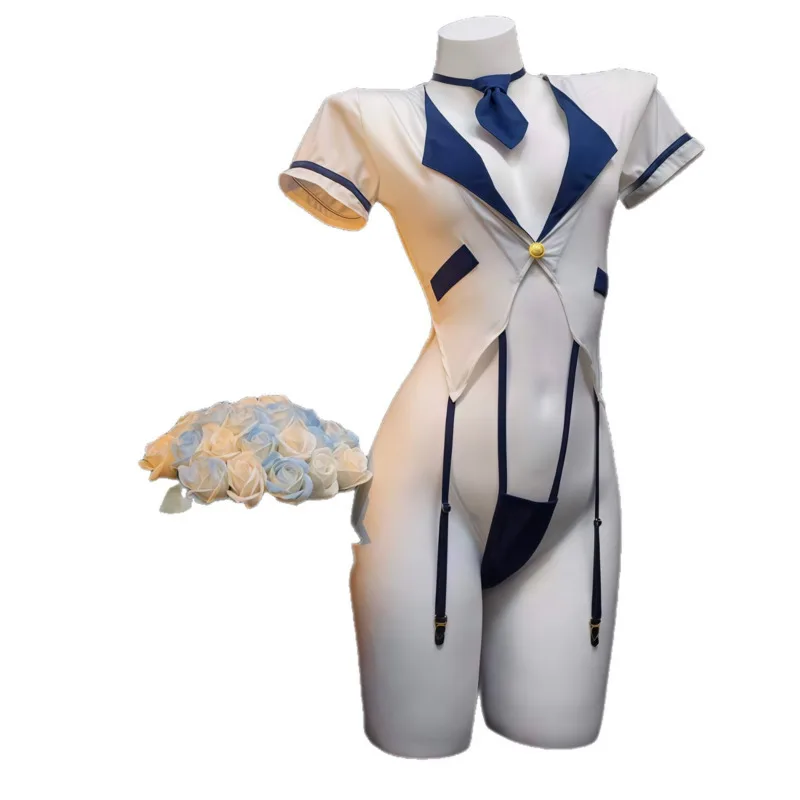 

Sexy For Women Pure Desire Deep V Low-neck Bodysuits Short-sleeved Double-line Crotchless Flight Attendant Secretary Charm DJHL