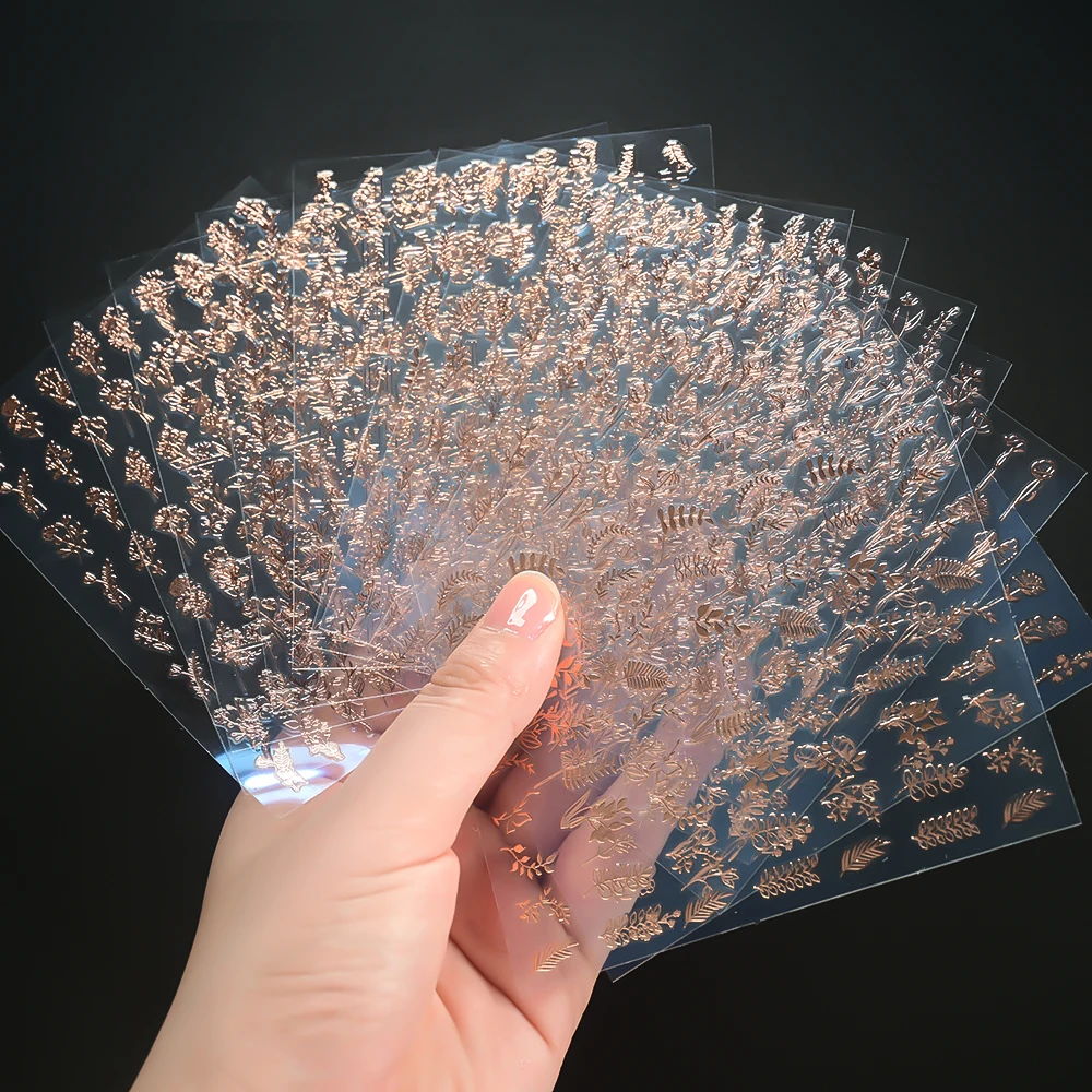 12 Uds. De pegatinas 3D de hojas de oro rosa para decoración de uñas, deslizadores autoadhesivos de hojas florales metálicas, calcomanías para manicura de mariposas y flores bronceadoras