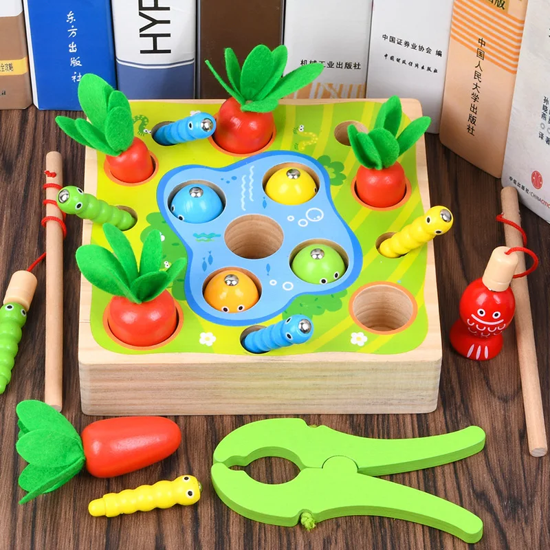 

[Funny] Wooden magnetic fishing children's Radish and bug catching game toy educational early educational Toys baby best gift