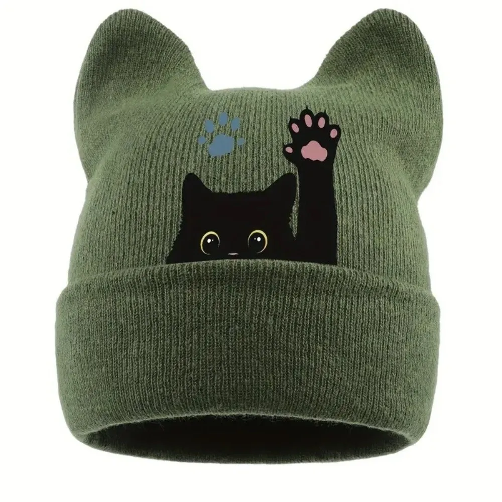 New Knit Cat Ear Beanie Hat Stretchable Punk Gothic Winter Knit Hat Y2K Harajuku Pullover Hat Women and Men