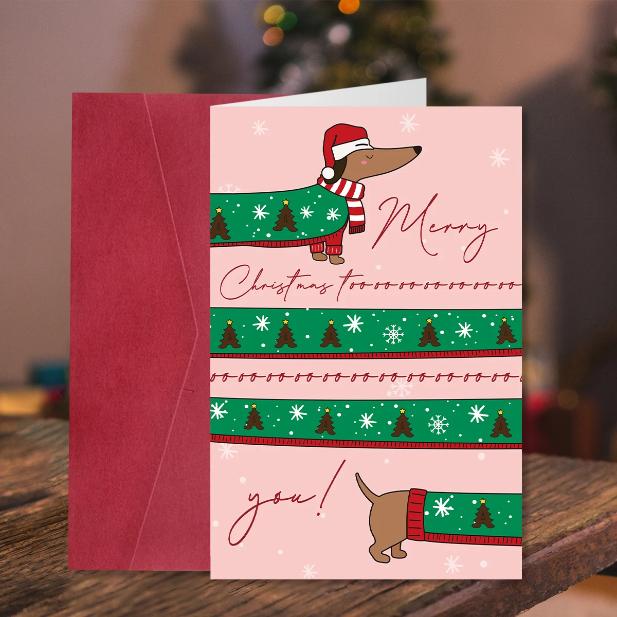 1pc Cute Long Sausage Dog Christmas Greeting Card,“Merry Christmas For You” Message, Gift to Family Friends, Secret Santa Exchan