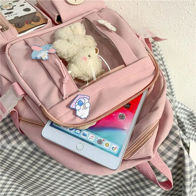 5 stks/set Kawaii rugzak met beer, poppen en badges als accessoires, canvas schooltassenset, leuke rugzak voor cosplay, tiener, student, schooltas met grote capaciteit, boekentassen met gesp, Zwart