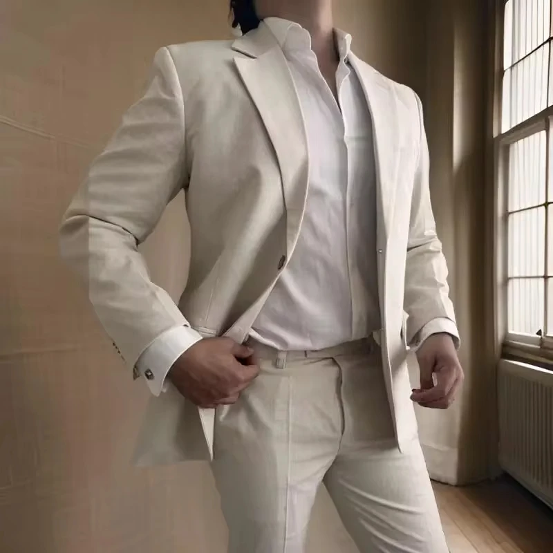 Linen Prom Suit for Men Slim Fit Notched Lapel Male Suit Jacket with Pants for Wedding Groom Tuxedo 2 Pieces 2024