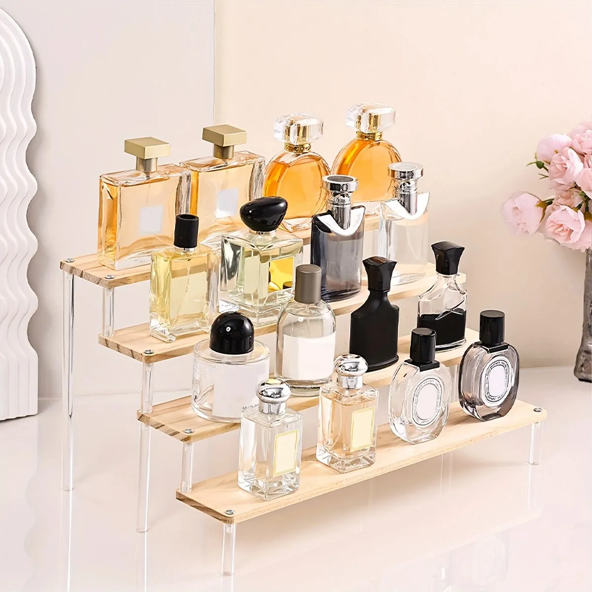 Rack de exibição transparente de madeira, rack de armazenamento de perfume, rack de decoração multifuncional, usado para cosméticos, esmaltes, bonecas