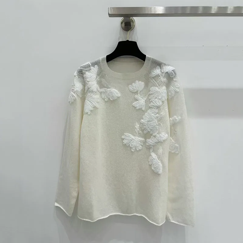

Women's Garden Collar Long-Sleeve Relaxed-Fit Pullover Sweater, Premium Knitwear, 2025, 3D Embroidered Floral Cashmere Sweater