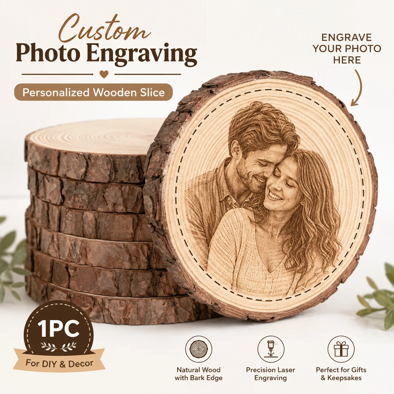 1Pc Custom Photo-Engraved Wood Slice with Tree Rings for Decoration, DIY Wood Art Board, Holiday Commemorative Wooden Display