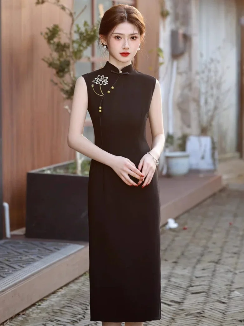 

Весна/Лето 2022, новое длинное платье Cheongsam с двойной вышивкой, черное платье без рукавов в китайском стиле Qipao