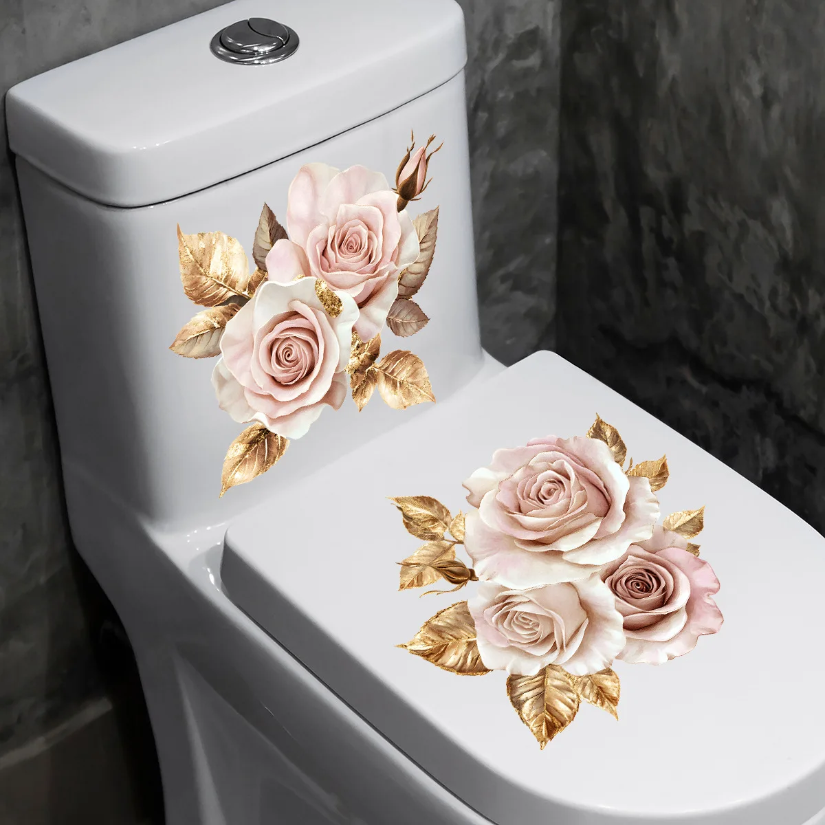 Kreative rosa goldene Blumenaufkleber, Toilettenaufkleber, Badezimmertür, Wandtapete, selbstklebende dekorative Waschraum-Vinyl-Aufkleber