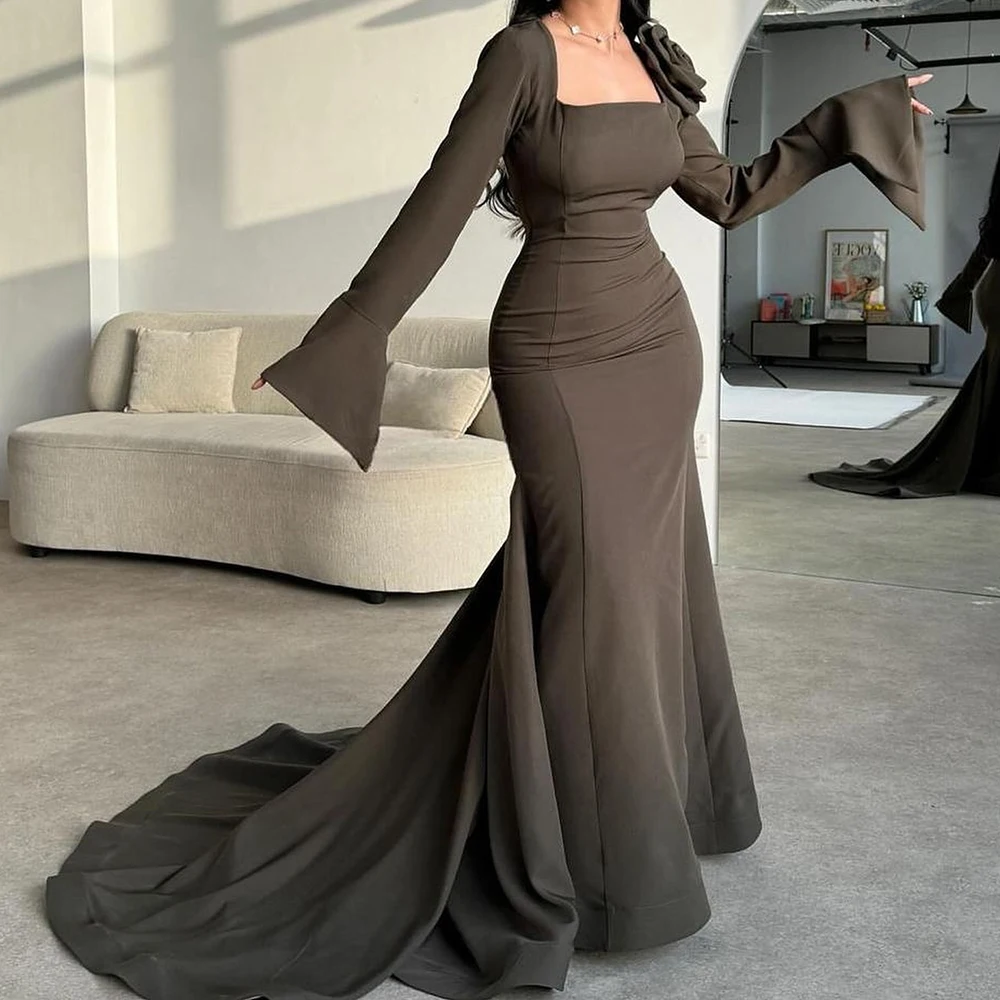 

Customized Modern Pleats Square Neck Long Sleeves Jersey Evening Dress Graceful Mermaid Chapel Train Photo Color Party Gown