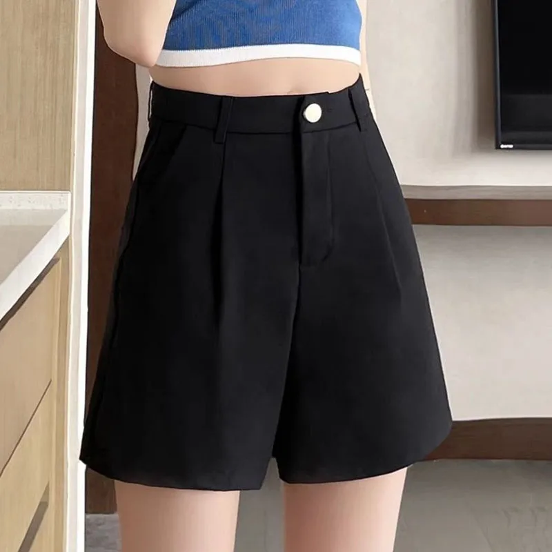 Summer Black Suit Shorts for Women Solid All-Match Casual Button Zipper A-Line Shorts Fashion Office Lady Commute Short Pants