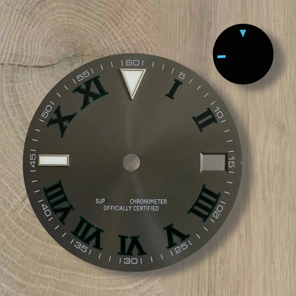 

28.5mm High Quality S Logo Roma Numerals NH35 Dial Fit NH35/NH36/4R Movement Ice Blue Luminous NH35 Modification Accessorie