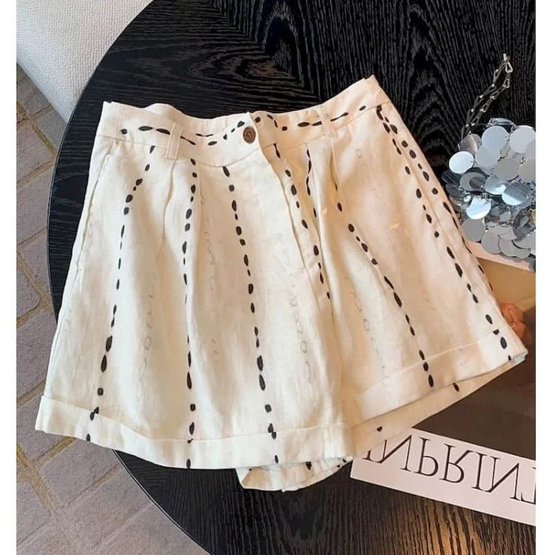Shorts for Women 2026 Summer Cotton Linen Striped Print Casual Workwear Korean Style Elegant Wide Leg Pants Vintage Clothing
