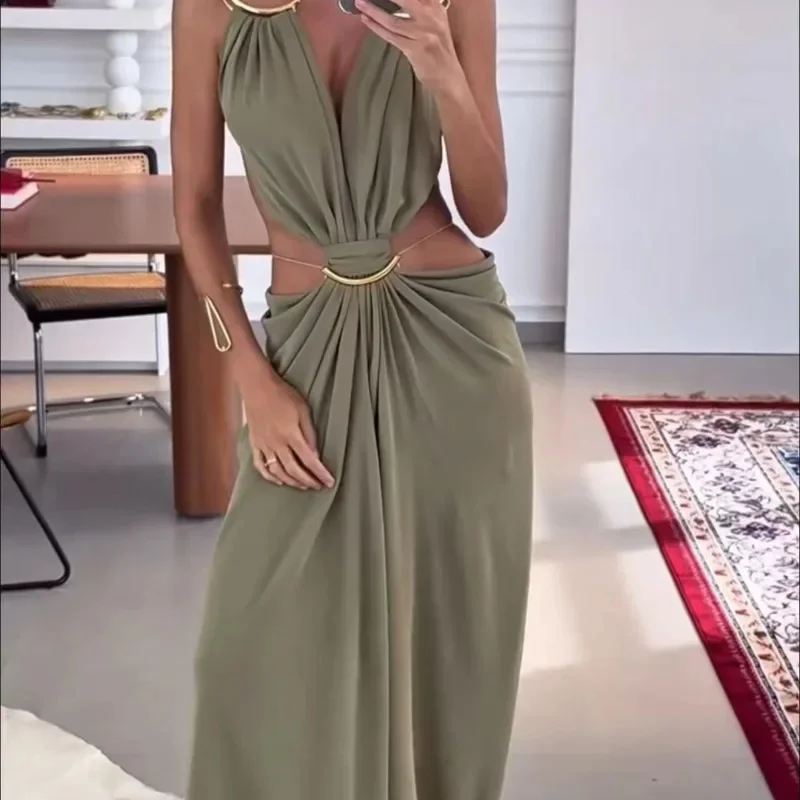 Halter Maxi Dress Women Summer Sleeveless Backless Cut Out Waist Sexy Black Long Dress Elegant Party Clubwear Vestidos Female