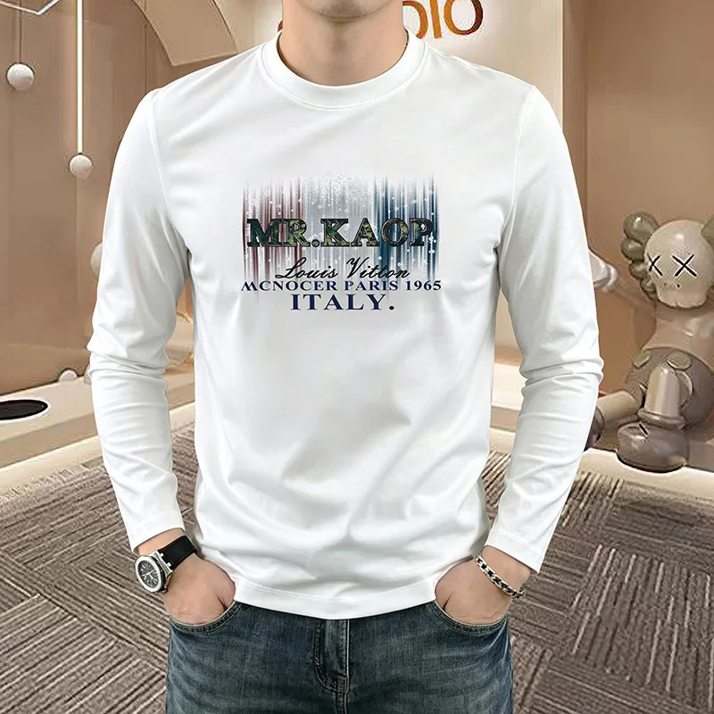 Men Crew Neck Long Sleeve T Shirt Autumn Light Luxury Rhinestone Print Soft  All Match Inner Wear Fashion Casual Male Base Tops