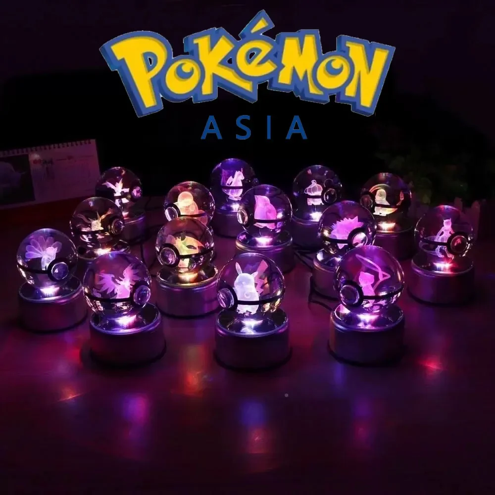 2024 Pokemon cartoon 3D Crystal Ball Pikachu Gengar Mew Mewtwo LED light base anime glass ball children's Christmas gift toy