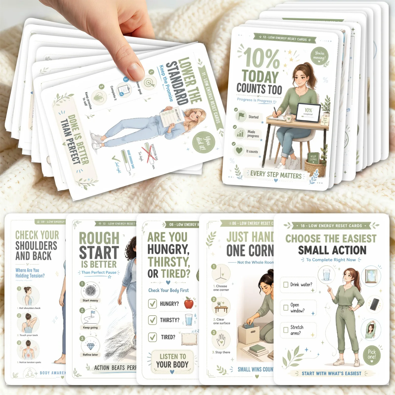 18Pcs Ins Fresh Green Low Energy Day Strategy Cards Women Self Care Mindfulness Prompt Cards