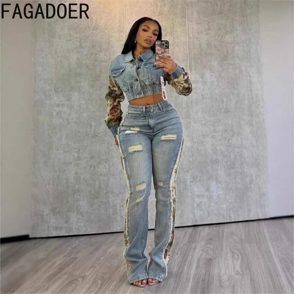 FAGADOER Women 2 Piece Set Outfit Fashion Pocket Ruched Print Patchwork Denim Crop Jacket + High Waist Stretchy Jeans Streetwear