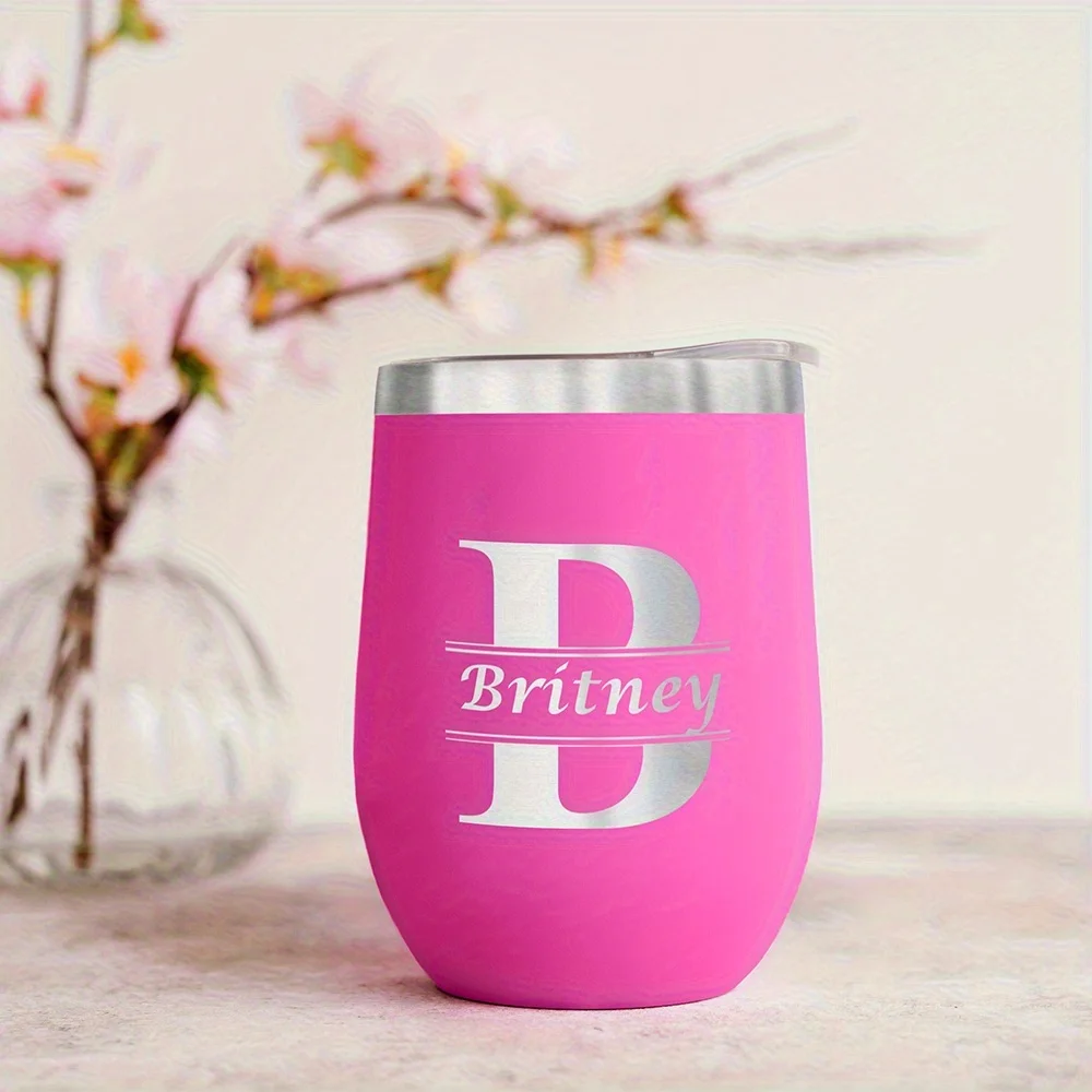 Personalized Monogram Name Wine Tumbler, Custom Initial Stainless Steel Insulated Cup with Lid, Portable Thermal Wine Glass Gift