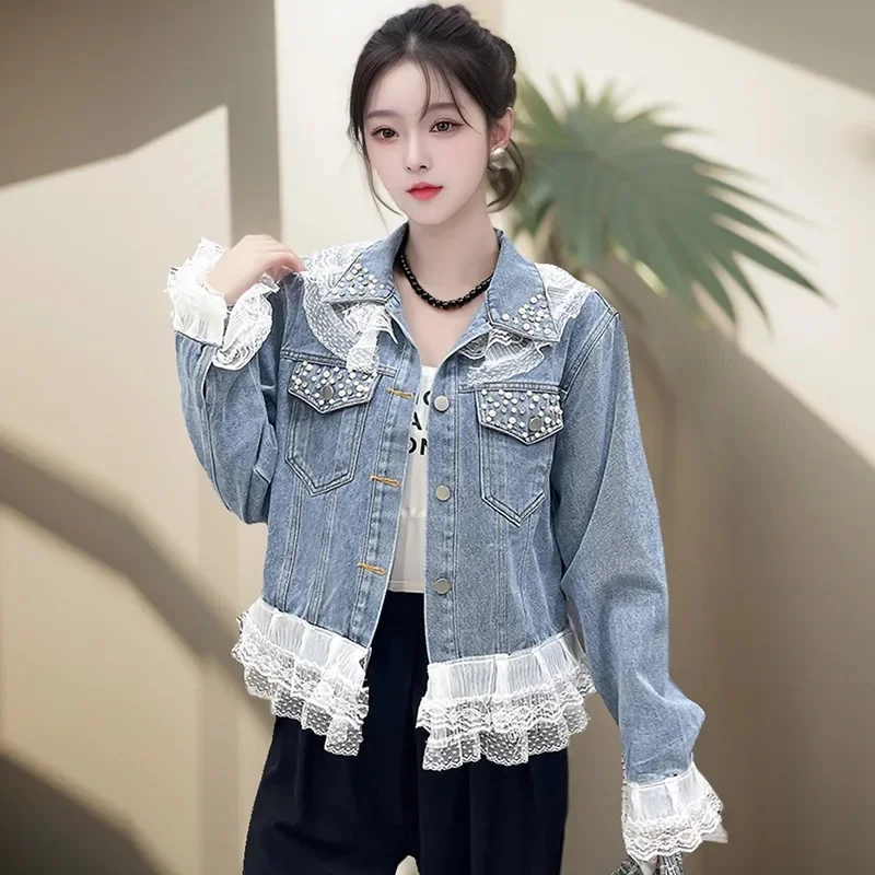 Women Denim Jacket 2025 New Fashion Design Lace Patchwork Spring Autumn Casual Jeans Coat Outerwear Top Large Size 5XL