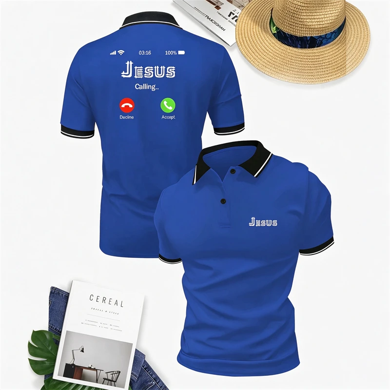 Jesus Calling Christian Polo Shirt for Men Short Sleeve Collared Top with Incoming Call Answer Decline Icons Faith Graphic Print