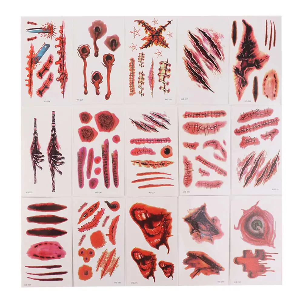 30Sheets Big Mouth Halloween Tattoo Stickers Disposable Waterproof Face Sticker Bloody Makeup DIY Body Art Stickers Halloween