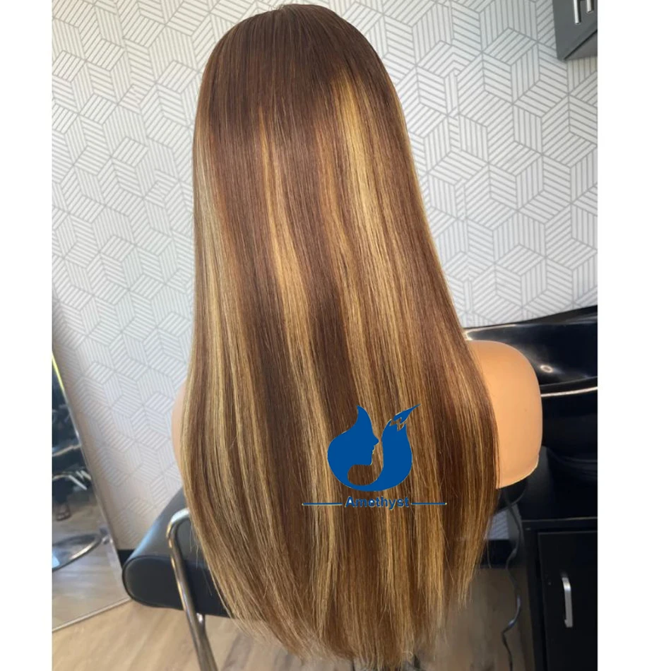 Peruca reta longa e sedosa com franja para mulheres, ametista, destaque para o cabelo humano, cabelo remy, scalp top, máquina completa feita