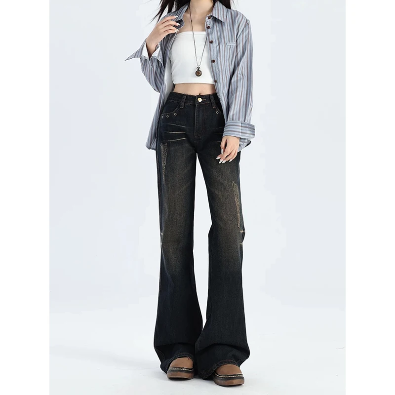 

ZHIZOU Women's Blue Jean Boyfriend Punk Wide Fit Denim Pants Grunge Y2K American Retro Cowboy Japanese Harajuku Long Trousers