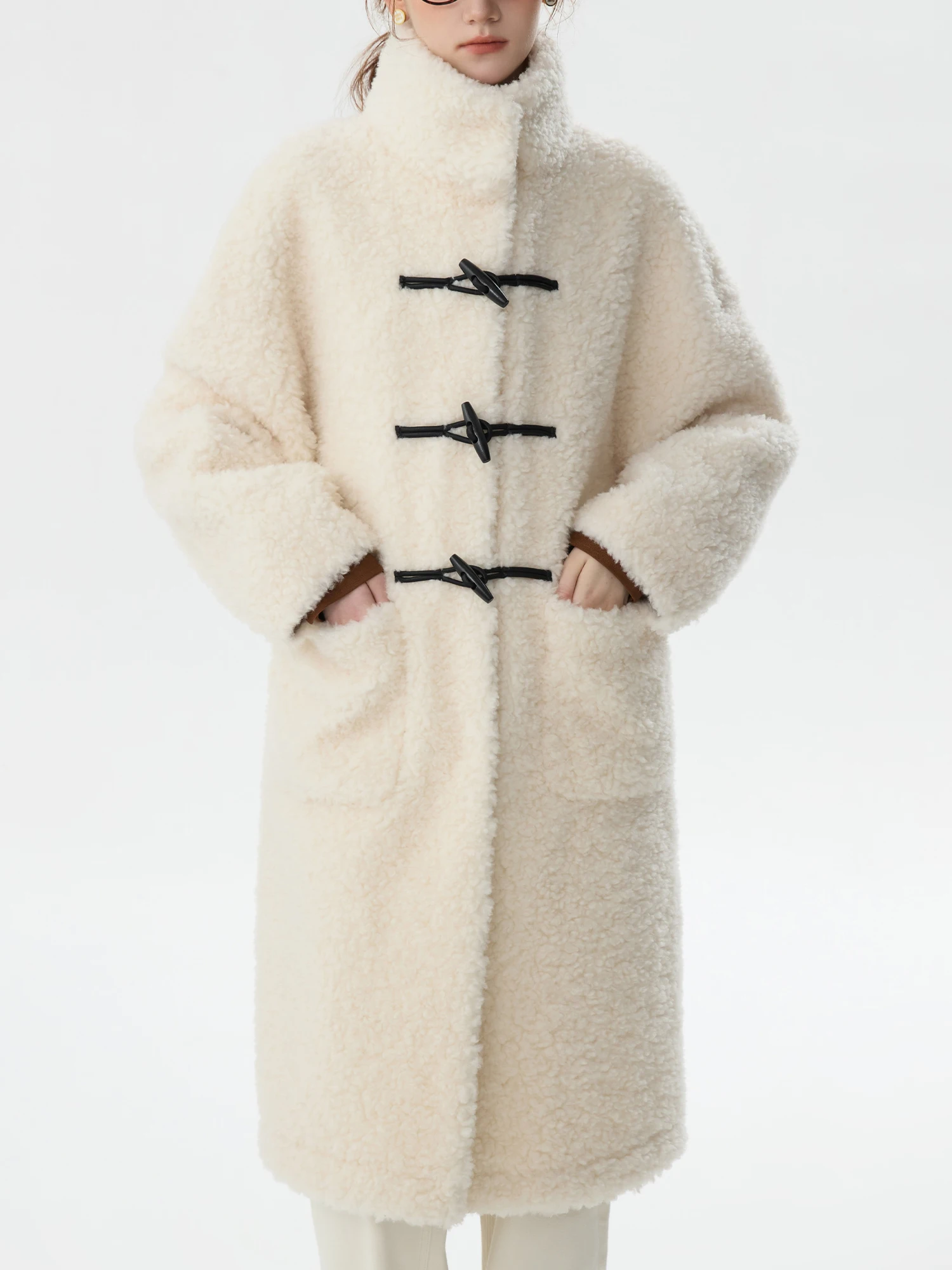 FSLE Office Lady Standing Collar Cow Horn Buckle Lamb Wool Coat Women's Winter Wool Fleece Faux Fur One-piece Thickened Faux Fur