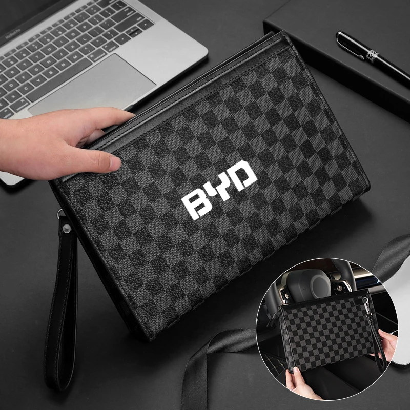 Men Fashion Plaid Clutch Large Capacity PVC Leather Business Handbag Car Logo For BYD M6 G3 G5 T3 E5 E6 Tang Song Qing Yuan Max
