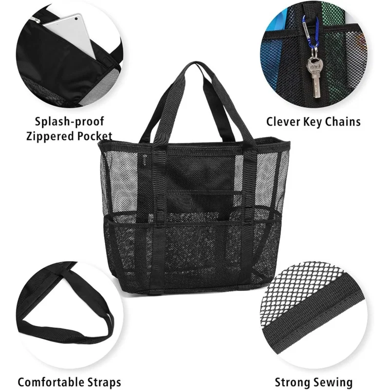Oversized Mesh Beach Bag With 9 Pockets Quick Dry Sand Free Toy Organizer Tote Pool Cruise Travel Must Haves view 3